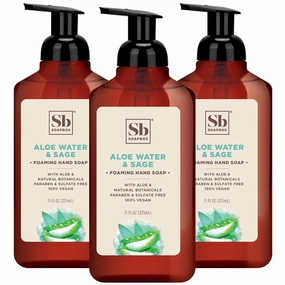 Soapbox Foaming Hand Soap Aloe Water & Sage, 11oz Pump Bottles 3 Pack, Cruelty Free, Vegan Moisturizing Foaming Hand Wash for Kitchen & Bathroom