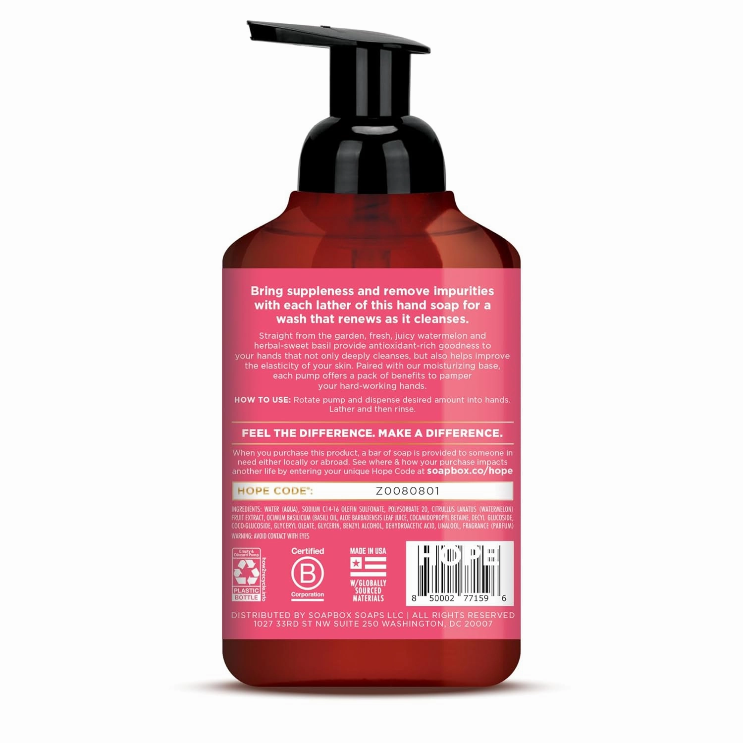 Soapbox Foaming Hand Soap Watermelon & Basil, 11oz Pump Bottles, 3 Pack, Cruelty Free, Vegan Moisturizing Foaming Hand Wash for Kitchen & Bathroom