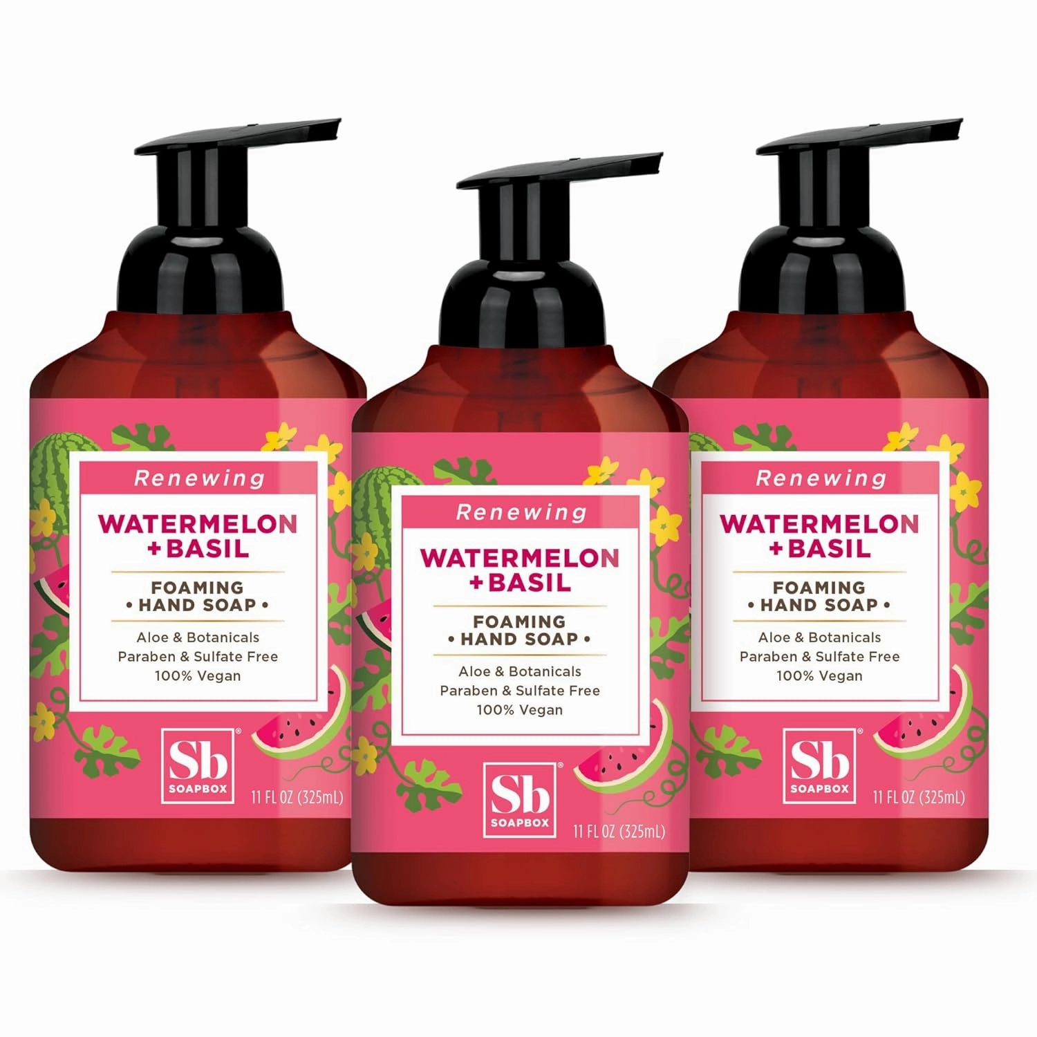 Soapbox Foaming Hand Soap Watermelon & Basil, 11oz Pump Bottles, 3 Pack, Cruelty Free, Vegan Moisturizing Foaming Hand Wash for Kitchen & Bathroom