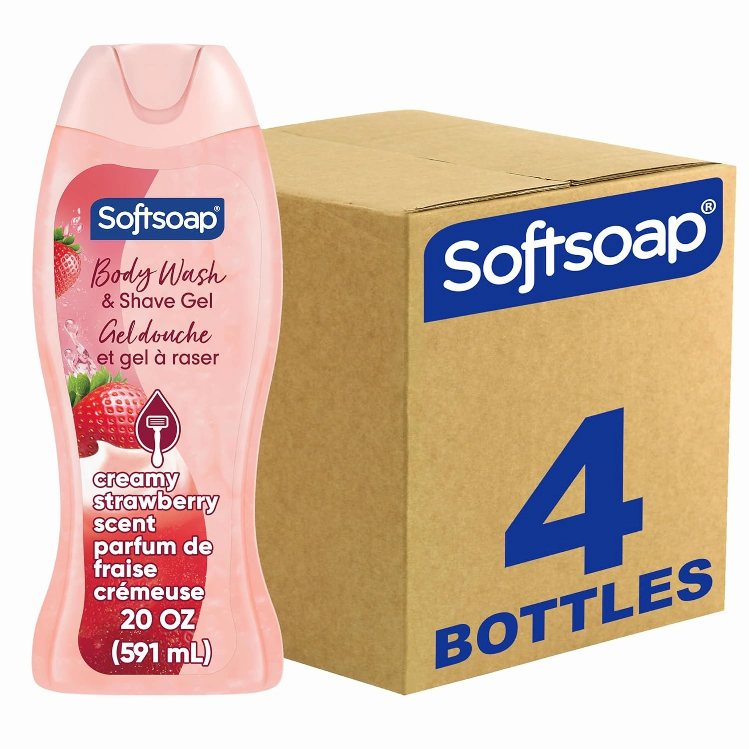 Softsoap Moisturizing Body Wash and Shave Gel, Creamy Strawberry Scent, 20 fl oz Bottle (Pack of 4)