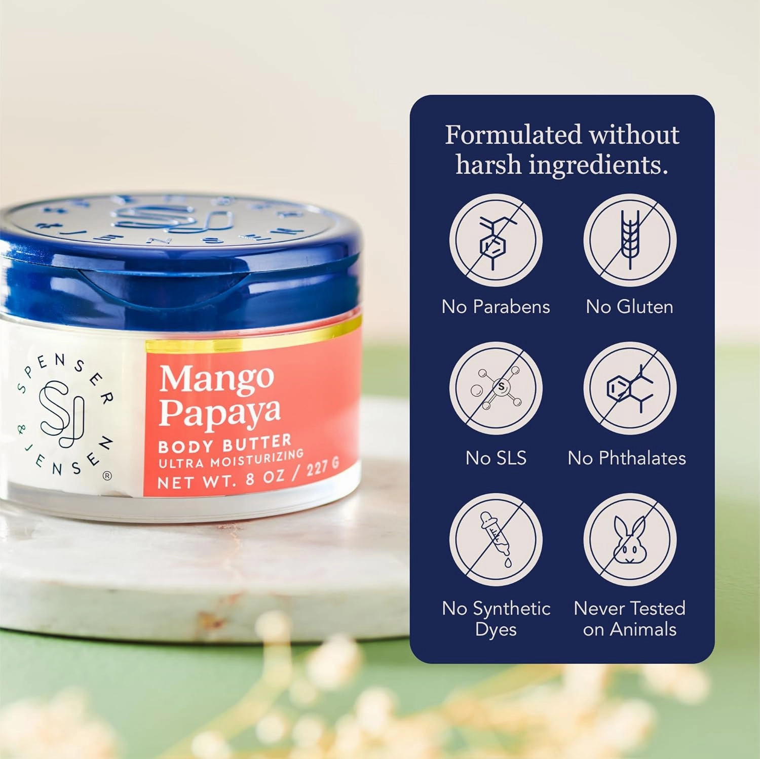 Spenser & Jensen Hydrating Mango & Papaya Body Butter - Gentle On All Skin Types - Moisturizing Body Lotion for Women & Men - Paraben Free - 8 Oz (Pack of 2)