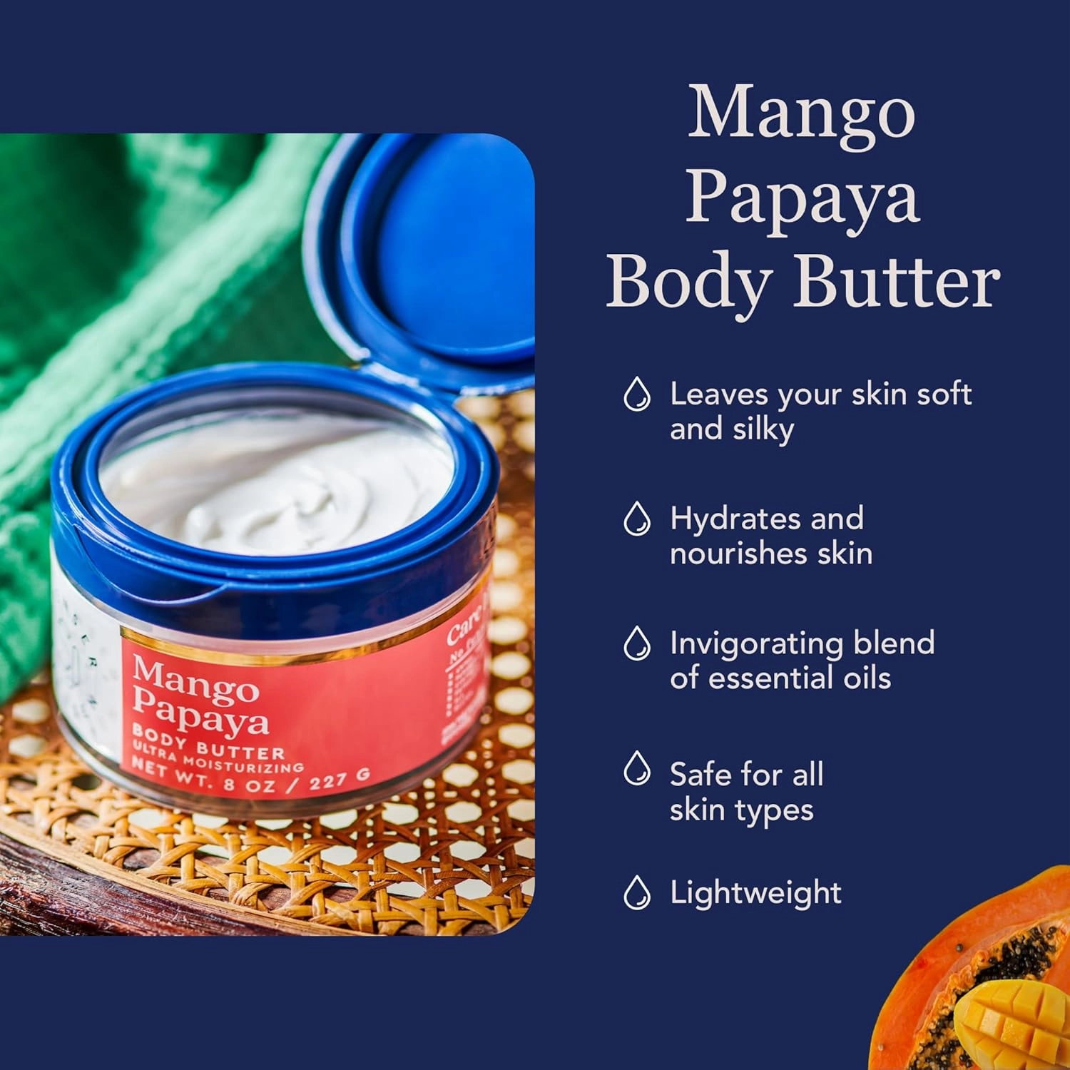 Spenser & Jensen Hydrating Mango & Papaya Body Butter - Gentle On All Skin Types - Moisturizing Body Lotion for Women & Men - Paraben Free - 8 Oz (Pack of 2)
