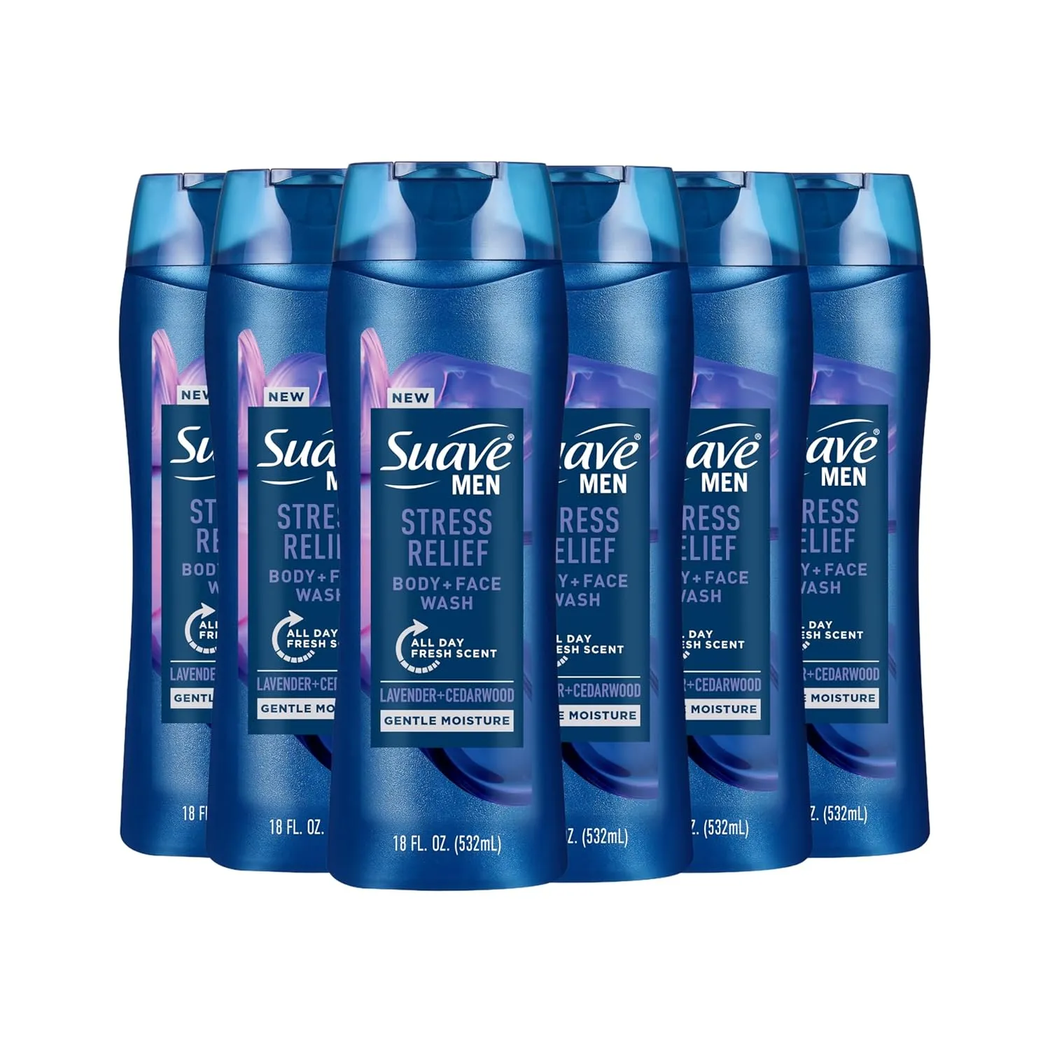 Suave Men’s Stress Relief Body   Face Wash, Gentle Moisture with Lavender & Cedarwood All Day Fresh Scent, 18 oz, 6 Pack