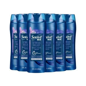 Suave Men’s Stress Relief Body   Face Wash, Gentle Moisture with Lavender & Cedarwood All Day Fresh Scent, 18 oz, 6 Pack