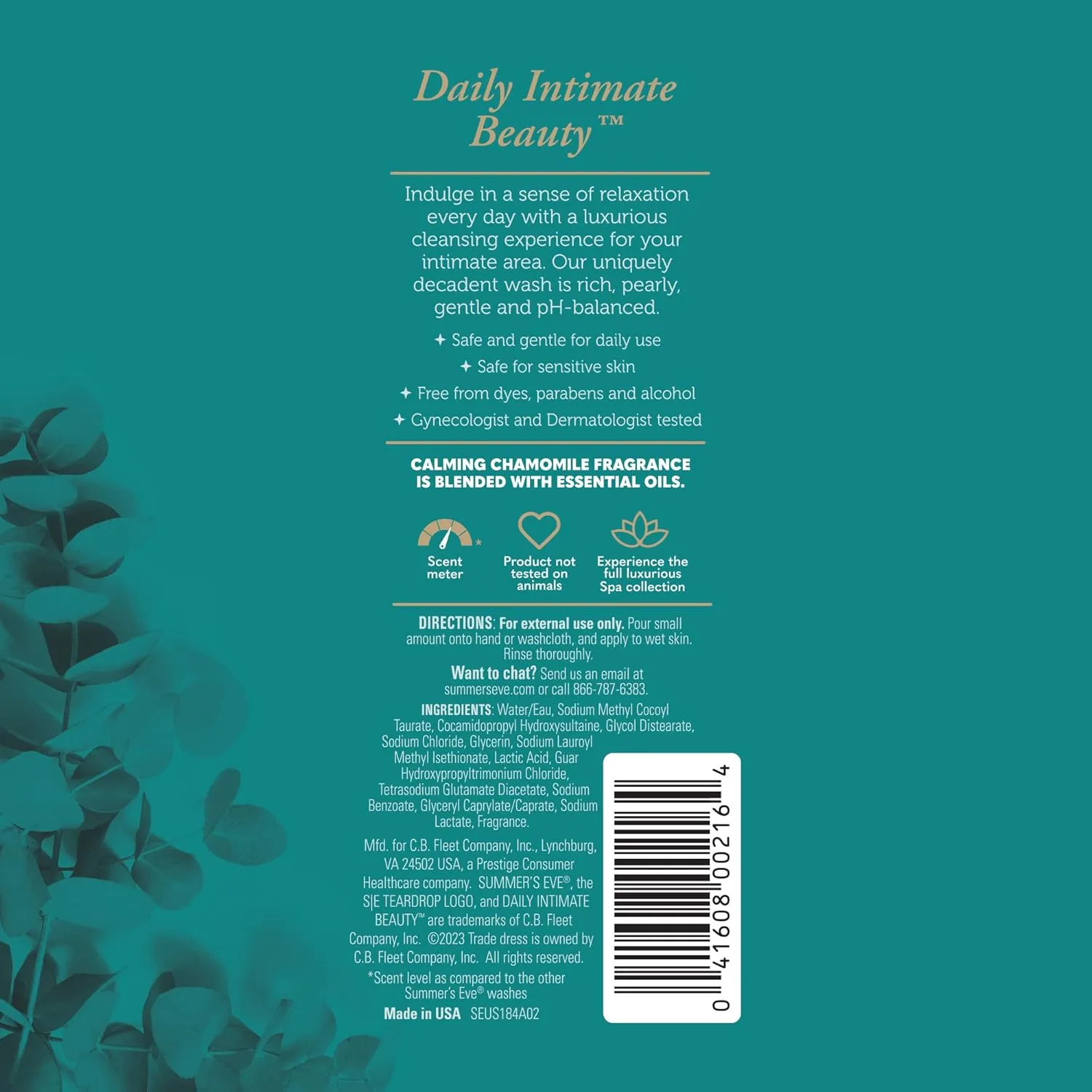 Summer's Eve Spa Daily Intimate Wash, Luxurious Cleansing All Over Feminine Body Wash, Calming Chamomile pH-Balanced Feminine Wash, 12oz Bottle