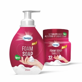 Temis Foaming Hand Soap Tablet Refills - 144 fl oz total (12x12 fl oz) - 12ct Tablets - Re-usable Pump Bottle Inluded - Unscented Hand Foam Soap Tablets