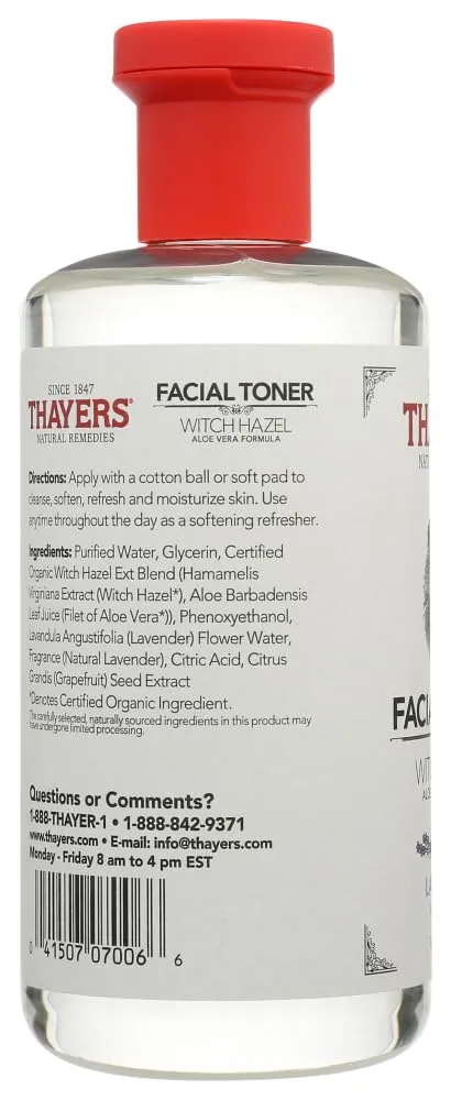 THAYERS Alcohol-Free Witch Hazel with Organic Aloe Vera Formula Toner, Lavender, Clear, Unscented, 12 Fl Oz, Pack of 2