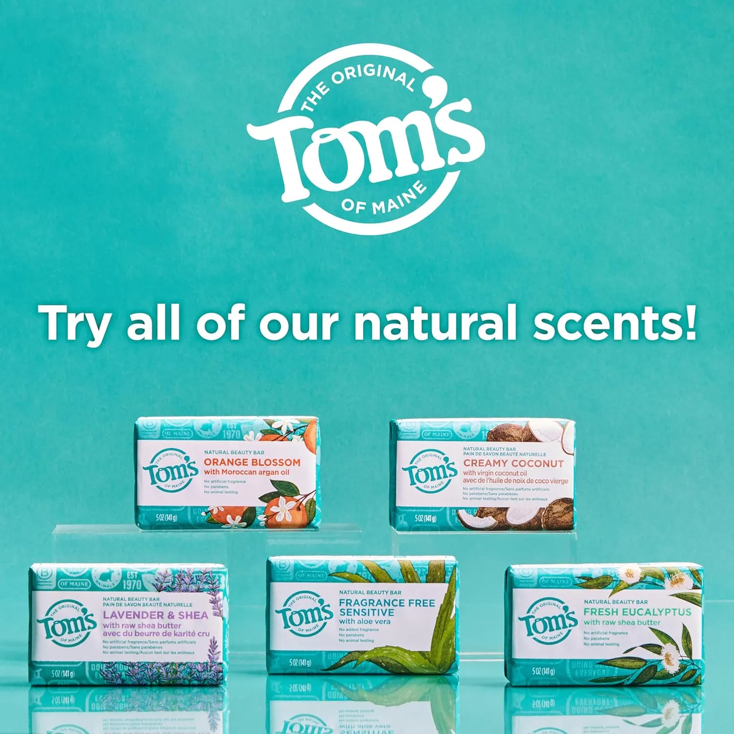 Tom's of Maine Bar Soap Variety Pack, Natural Bar Soap for Women and Men, Lavender & Shea, Fresh Eucalyptus, Creamy Coconut, Orange Blossom, 5 oz Bars (4-Pack)