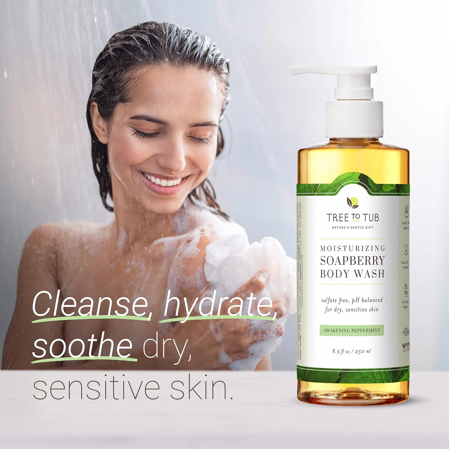 Tree to Tub Peppermint Body Wash for Sensitive Skin and Dry Skin - pH Balanced, Hydrating, Sulfate Free, Vegan Body Soap with Organic Aloe Vera