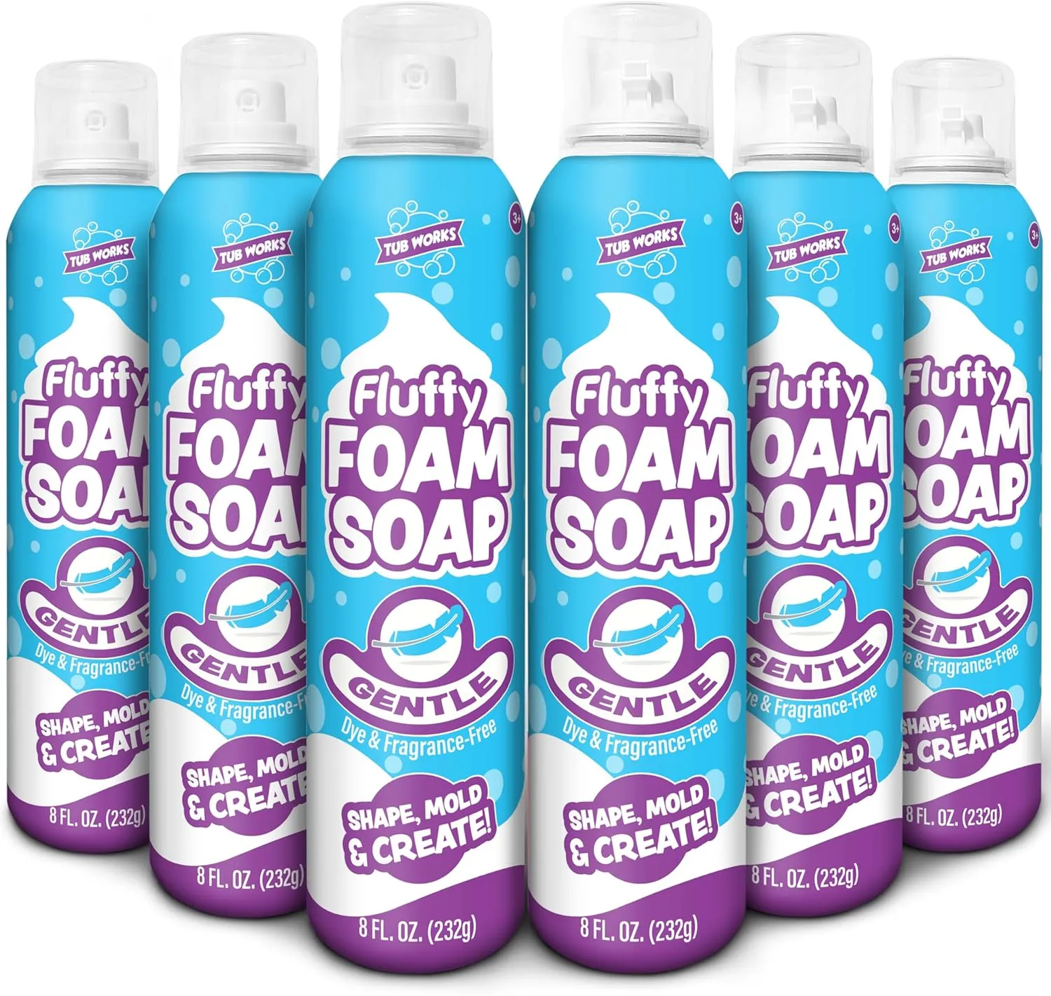 Tub Works™ Fluffy Foam Soap, White, 6 Pack | Shape, Mold & Create Bathtub Art with Soft Bath Foam for Kids | Fragrance-Free & Dye-Free Kids Bath Soap | Easy-to-Use Spray Nozzles