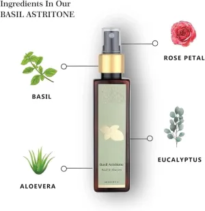 Tubees Herbals Ayurvedic Basil Astritone Face Toner for Oily & Acne Prone Skin | Tightens Skin | Eucalyptus, Basil, Aloe Vera & Rose Petals, GMO, Paraben and Silicone Free -100 ml