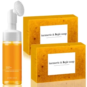 Turmeric Facial Cleanser Set - Foaming Facial Cleanser  Lemon Turmeric Soap, Turmeric Foaming Face Wash Turmeric Facial Wash Deep Cleaning for All Skin (1*Facial Cleanser 2*Turmeric Soap)