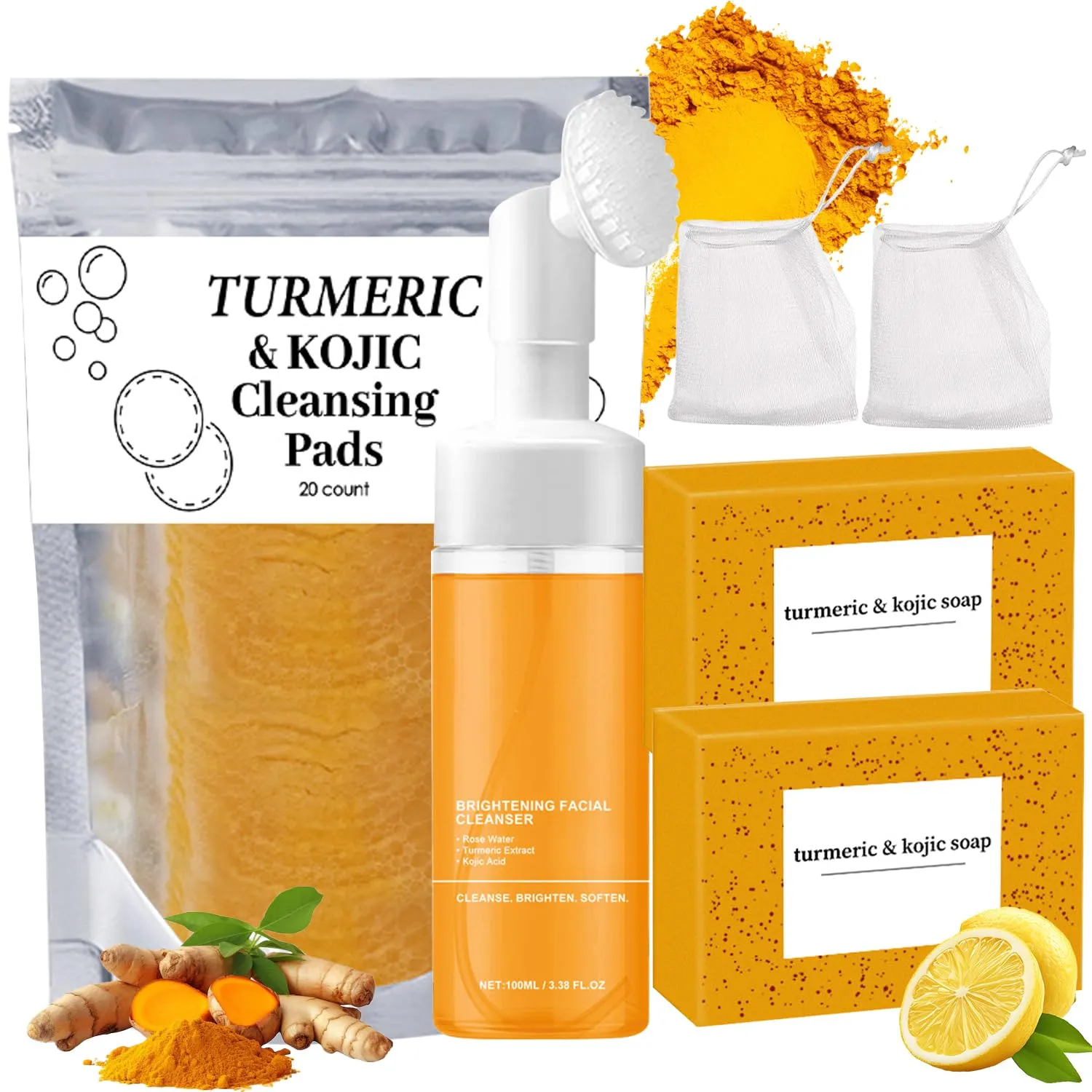 Turmeric Wash and Care Three Piece Set,Tuemeric Facial Cleanser & Turmeric Soap Bar & Turmeric Face Scrub Pads,Face & Body Cleanser,Turmeric Cleansing Skincare Set, Deep Cleansing