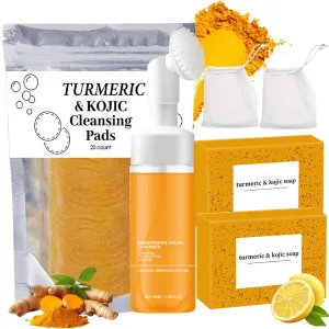 Turmeric Wash and Care Three Piece Set,Tuemeric Facial Cleanser & Turmeric Soap Bar & Turmeric Face Scrub Pads,Face & Body Cleanser,Turmeric Cleansing Skincare Set, Deep Cleansing