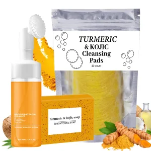 Turmeric Wash and Care Three Piece Set,Tuemeric Facial Cleanser & Turmeric Soap Bar & Turmeric Face Scrub Pads,Turmeric Cleansing Skincare Set for Face & Body, Deep Cleansing