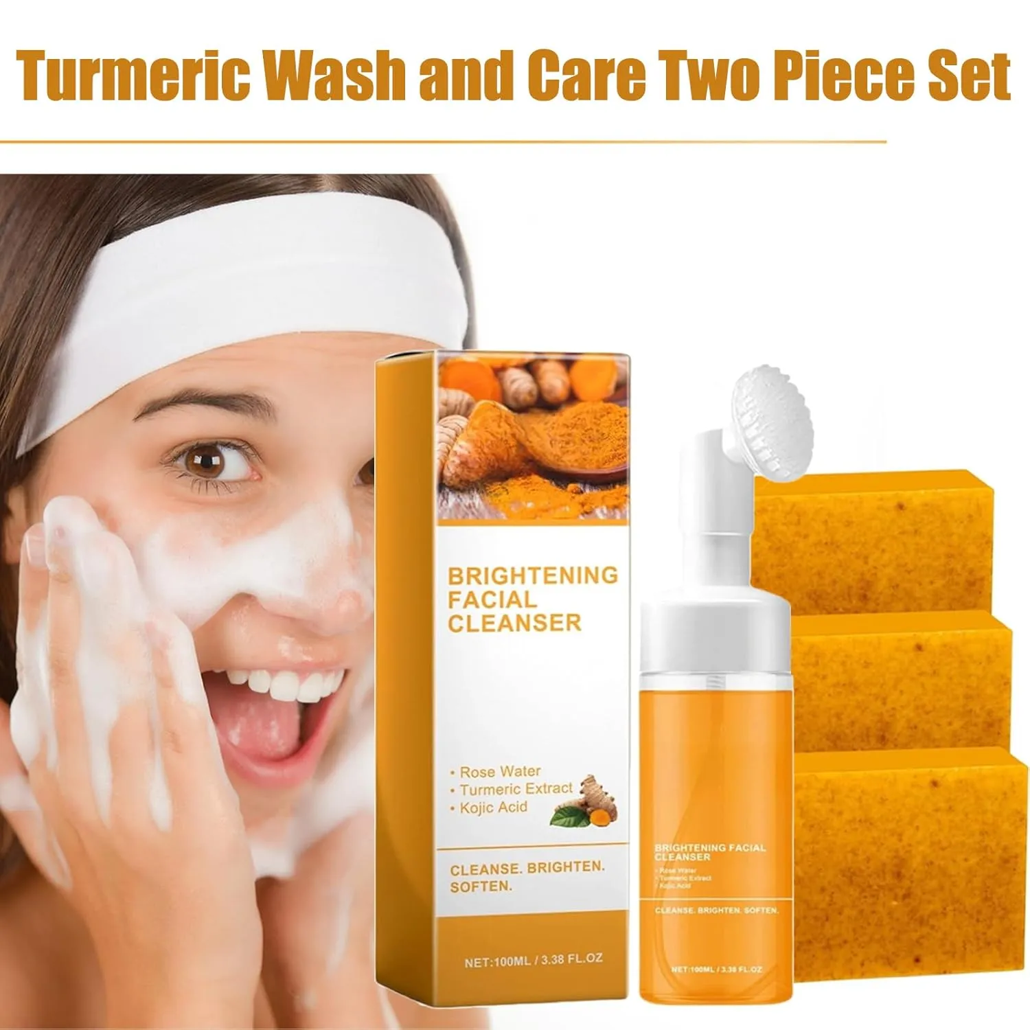 Turmeric Wash and Care Two Piece Set, Turmeric Soap & Face Wash with Brush, Foaming Mousse Facial Deep Cleansing Exfoliating for Face & Body Skin Care (2,2Set)