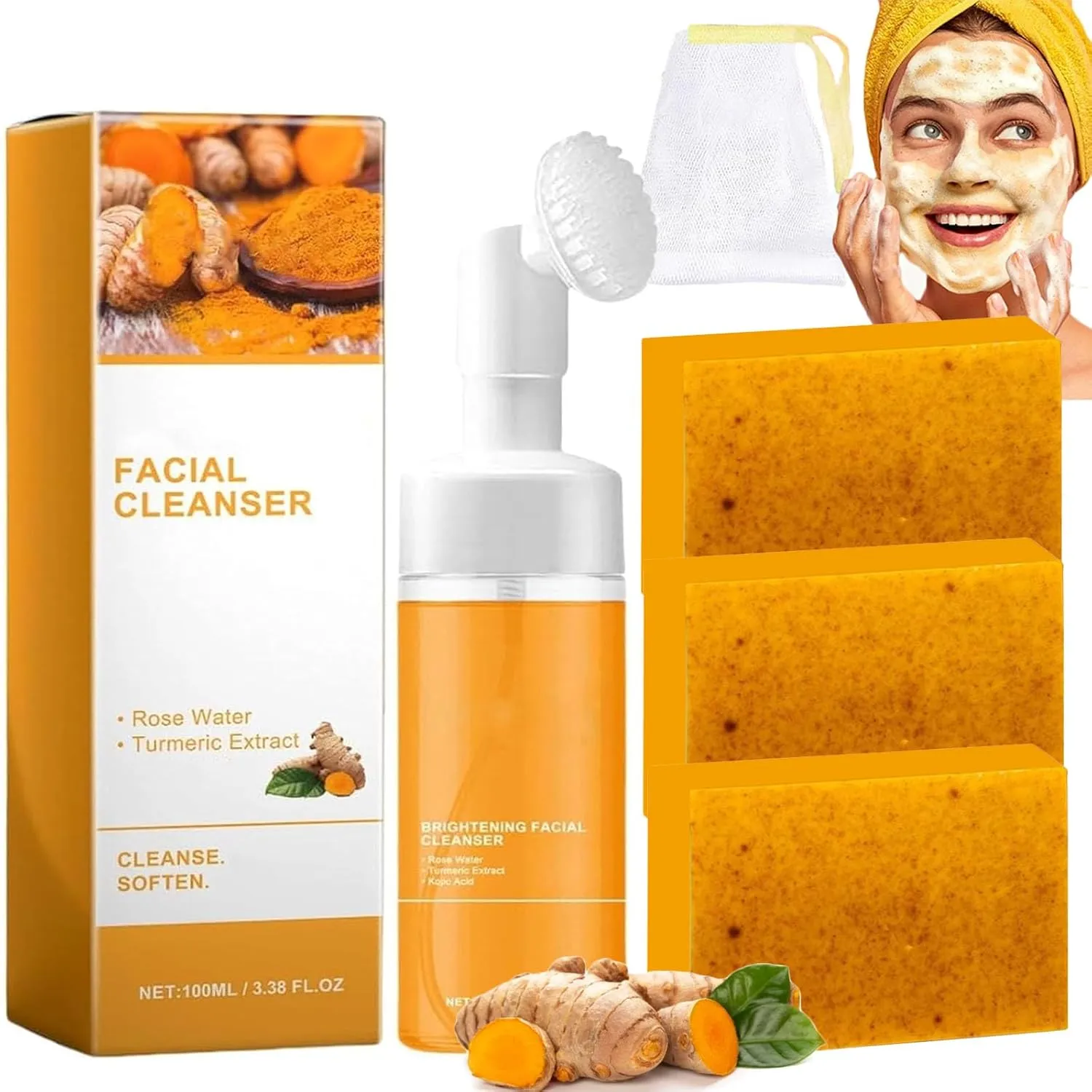 Turmeric Wash and Care Two Piece Set, Turmeric Soap & Face Wash with Brush, Foaming Mousse Facial Deep Cleansing Exfoliating for Face & Body Skin Care (2,2Set)