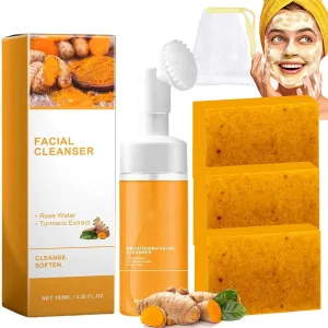Turmeric Wash and Care Two Piece Set, Turmeric Soap & Face Wash with Brush, Foaming Mousse Facial Deep Cleansing Exfoliating for Face & Body Skin Care (2,2Set)