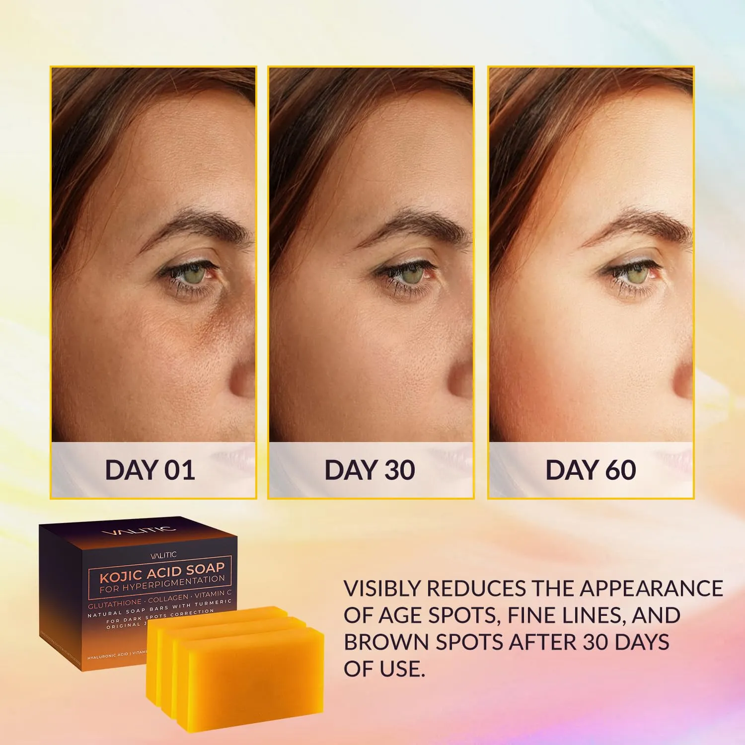 VALITIC Kojic Acid Soap for Hyperpigmentation - with Glutathione, Collagen & Vitamin C - Natural Soap Bars with Turmeric - Original Japanese Complex for Dark Spot Correction - 3 Pack