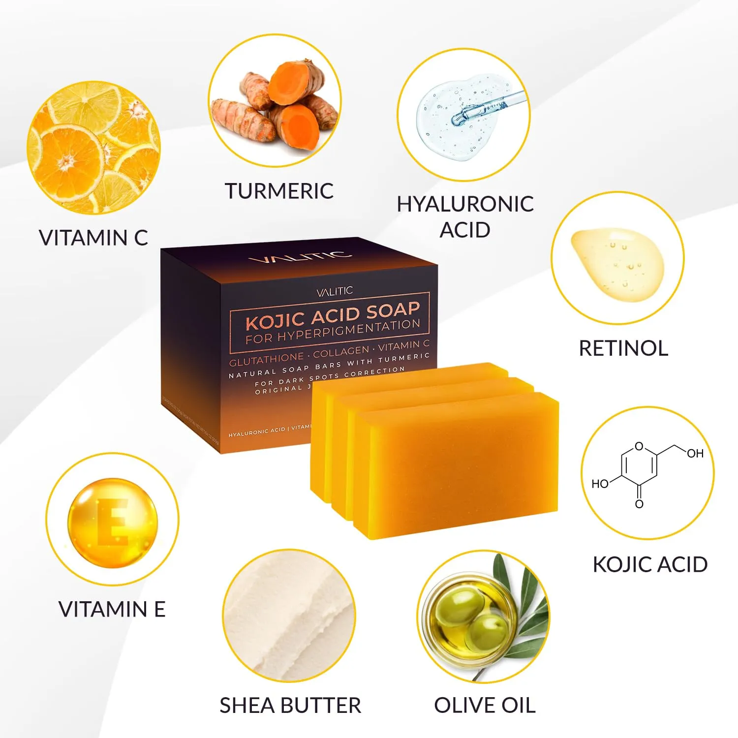 VALITIC Kojic Acid Soap for Hyperpigmentation - with Glutathione, Collagen & Vitamin C - Natural Soap Bars with Turmeric - Original Japanese Complex for Dark Spot Correction - 3 Pack