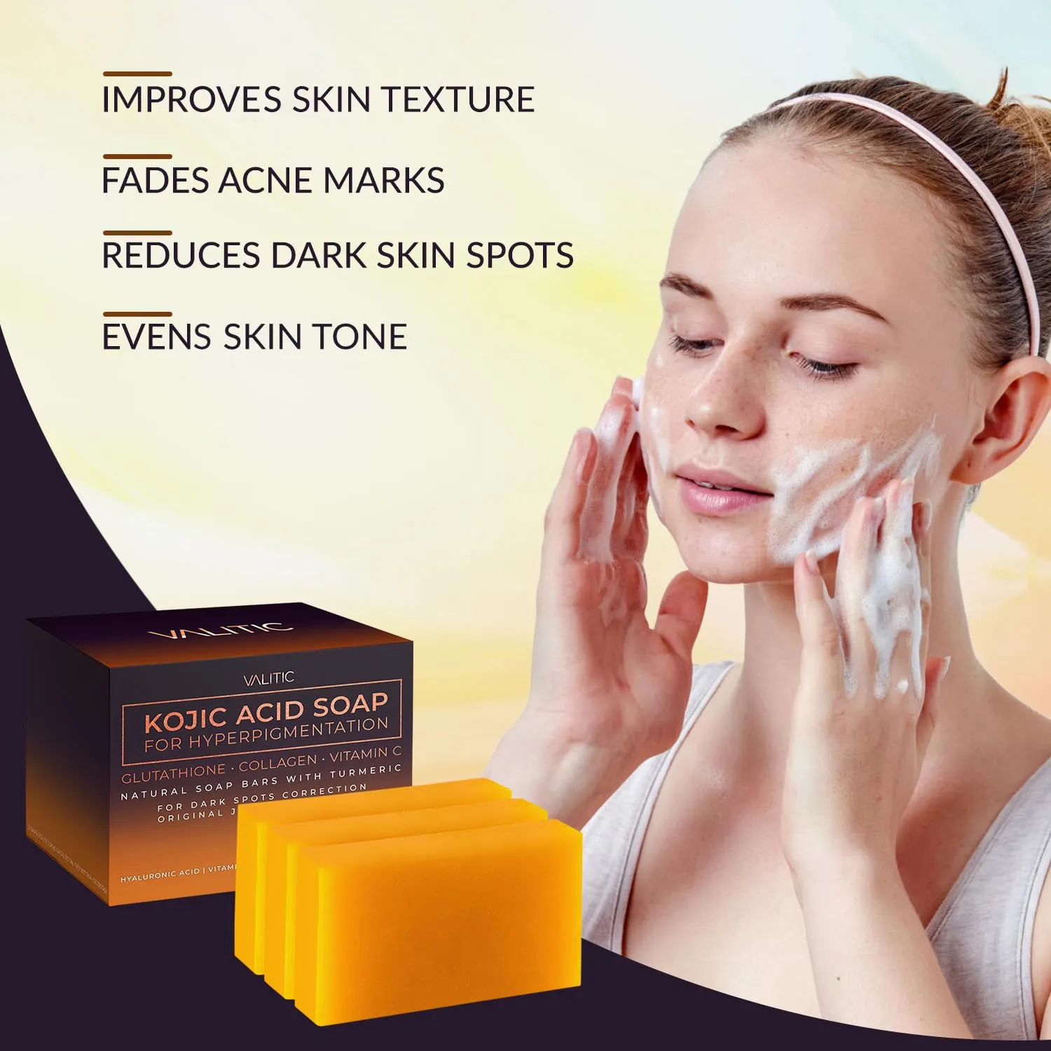 VALITIC Kojic Acid Soap for Hyperpigmentation - with Glutathione, Collagen & Vitamin C - Natural Soap Bars with Turmeric - Original Japanese Complex for Dark Spot Correction - 3 Pack