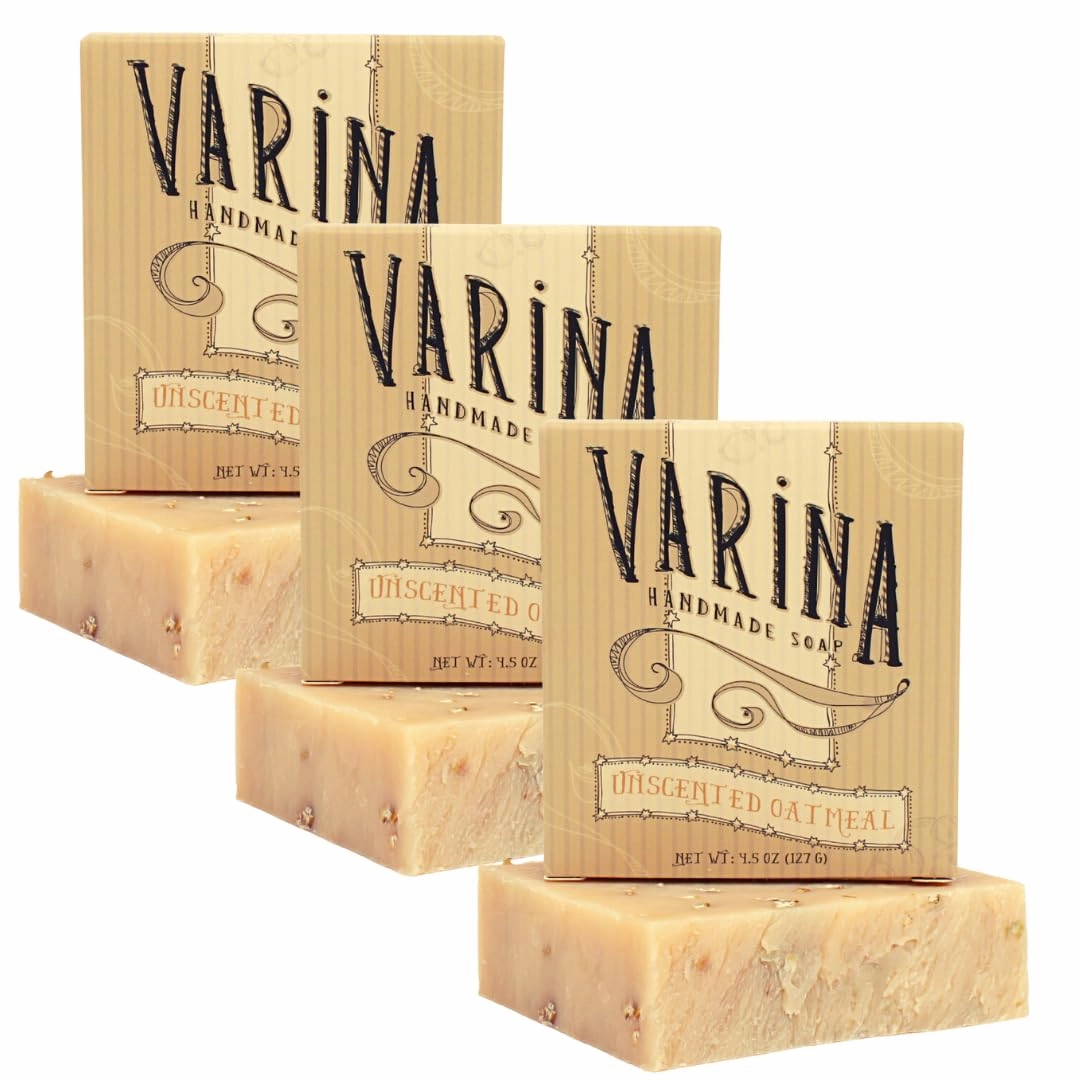 Varina Organic Unscented Oatmeal Bar Soap - Gentle Cleansing for Sensitive Skin, Unscented - 3 Pack