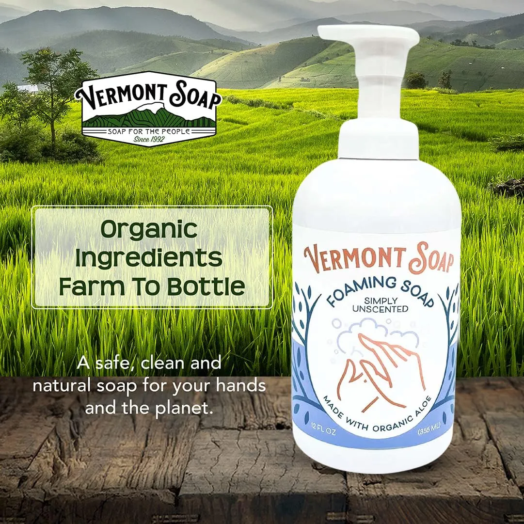 VERMONT SOAP Organic Unscented Foaming Hand Soap - Natural Moisturizing Soap for Dry Skin - Fragrance Free Liquid Bathroom Hand Soap Dispenser - Simply Unscented - 12 oz