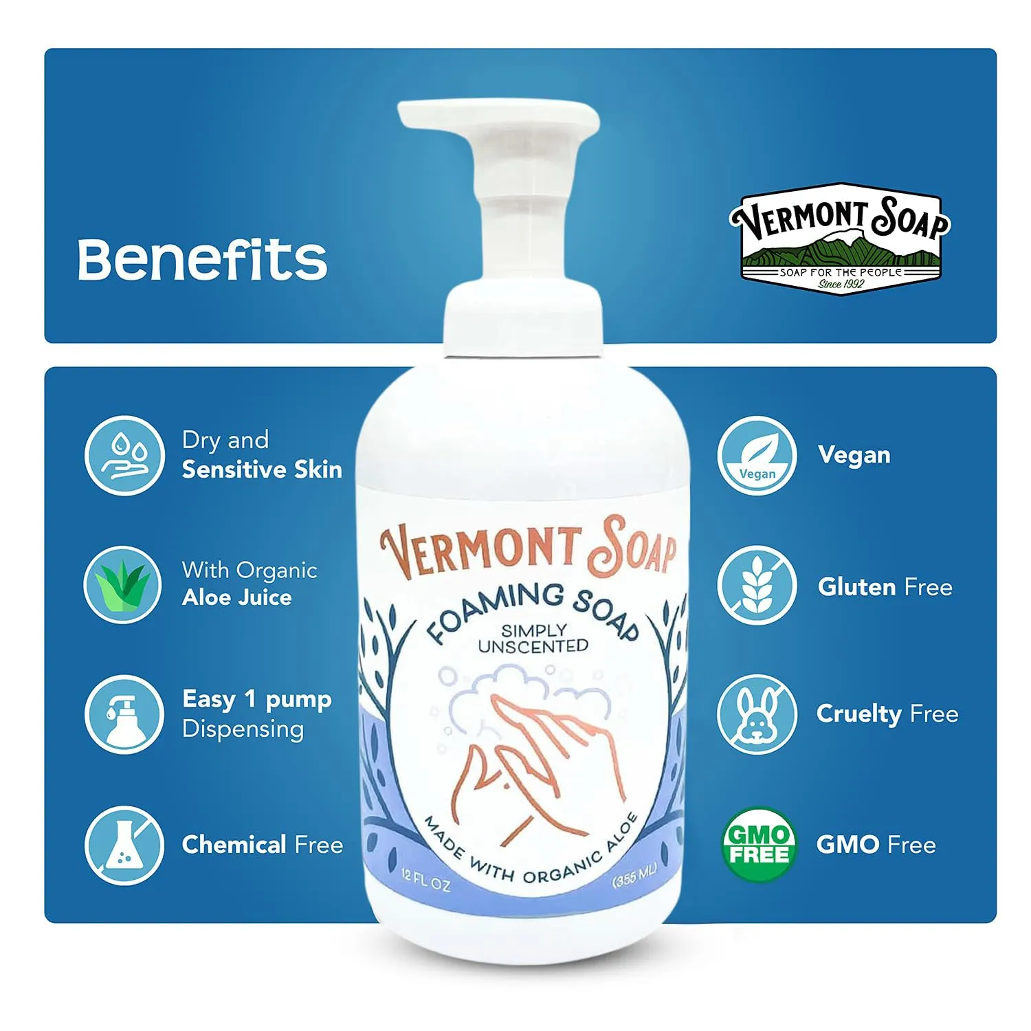 VERMONT SOAP Organic Unscented Foaming Hand Soap - Natural Moisturizing Soap for Dry Skin - Fragrance Free Liquid Bathroom Hand Soap Dispenser - Simply Unscented - 12 oz