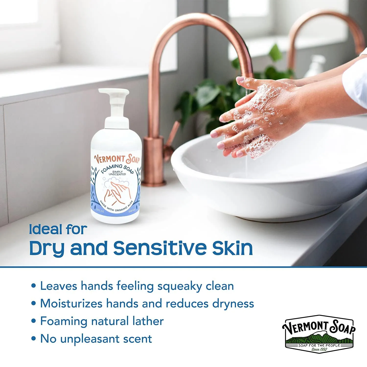VERMONT SOAP Organic Unscented Foaming Hand Soap - Natural Moisturizing Soap for Dry Skin - Fragrance Free Liquid Bathroom Hand Soap Dispenser - Simply Unscented - 12 oz