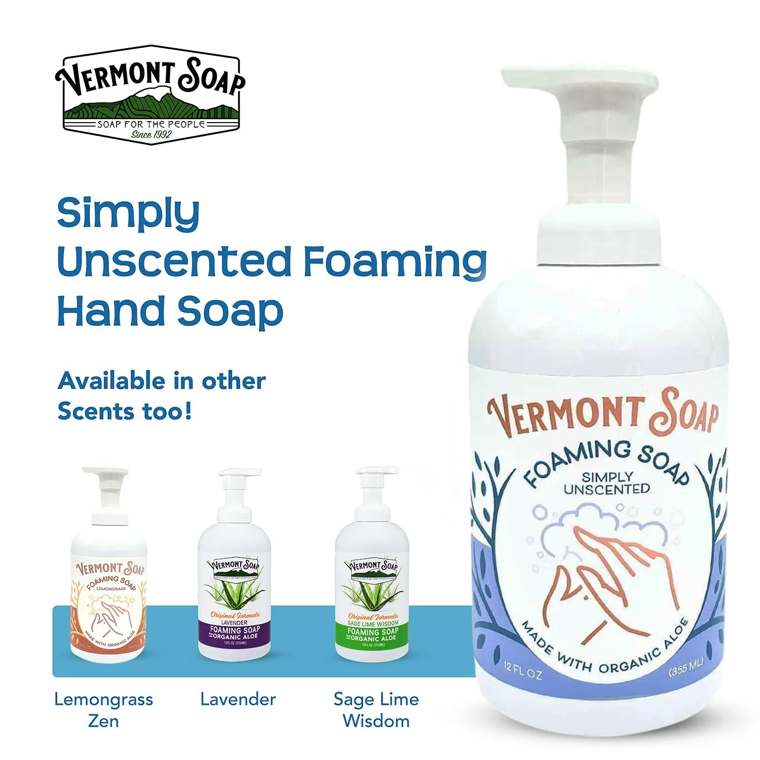 VERMONT SOAP Organic Unscented Foaming Hand Soap - Natural Moisturizing Soap for Dry Skin - Fragrance Free Liquid Bathroom Hand Soap Dispenser - Simply Unscented - 12 oz