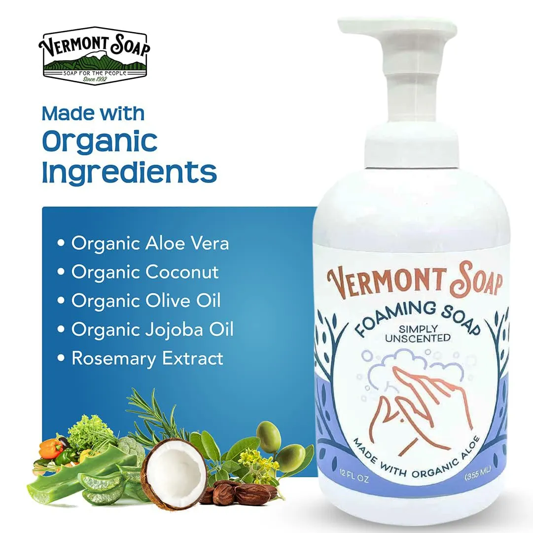 VERMONT SOAP Organic Unscented Foaming Hand Soap - Natural Moisturizing Soap for Dry Skin - Fragrance Free Liquid Bathroom Hand Soap Dispenser - Simply Unscented - 12 oz
