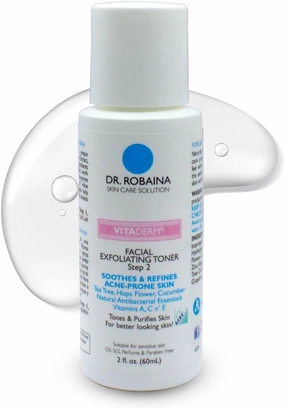 VITADERM™ Step 2 Exfoliating Toner for Acne Reduction, Redness Relief & Skin Refinement with Tea Tree, Hops Flower & Vitamins A, C & E, by Dr. Robaina, Made in The USA, 2 fl. oz