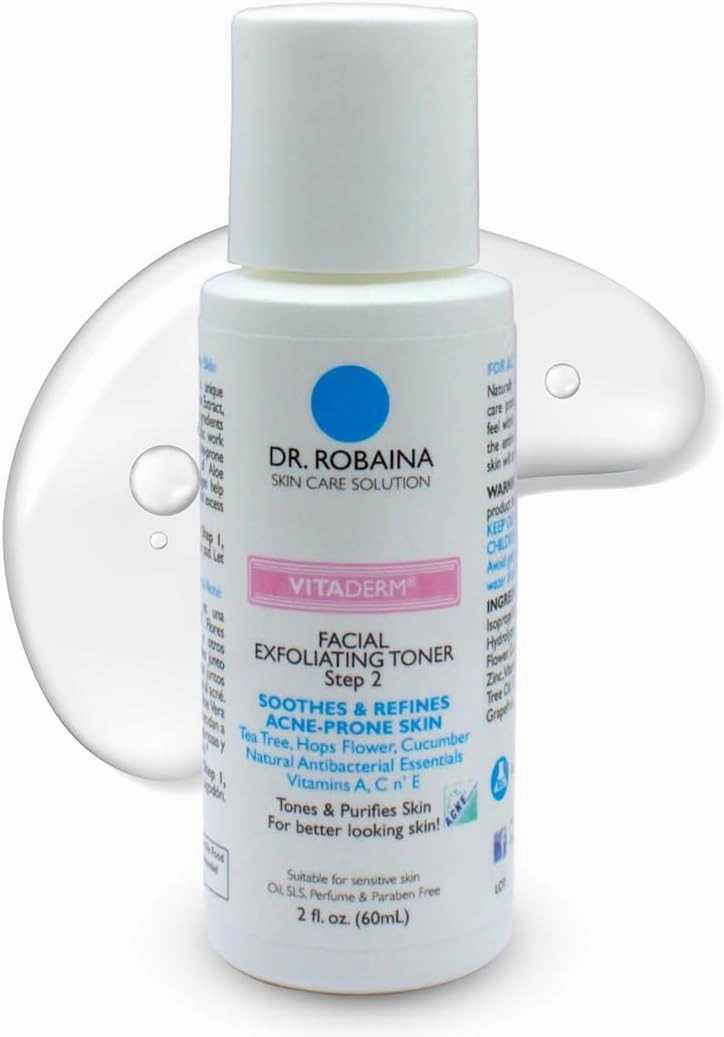 VITADERM™ Step 2 Exfoliating Toner for Acne Reduction, Redness Relief & Skin Refinement with Tea Tree, Hops Flower & Vitamins A, C & E, by Dr. Robaina, Made in The USA, 2 fl. oz