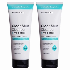 VitaMedica Clear Skin Probiotic Foaming Daily Face Wash - Gentle Water-Based Gel Facial Cleanser for Acne-Prone Skin - Moisturizing Formula with Aloe, Niacinamide, Hyaluronic Acid - 2 Pack