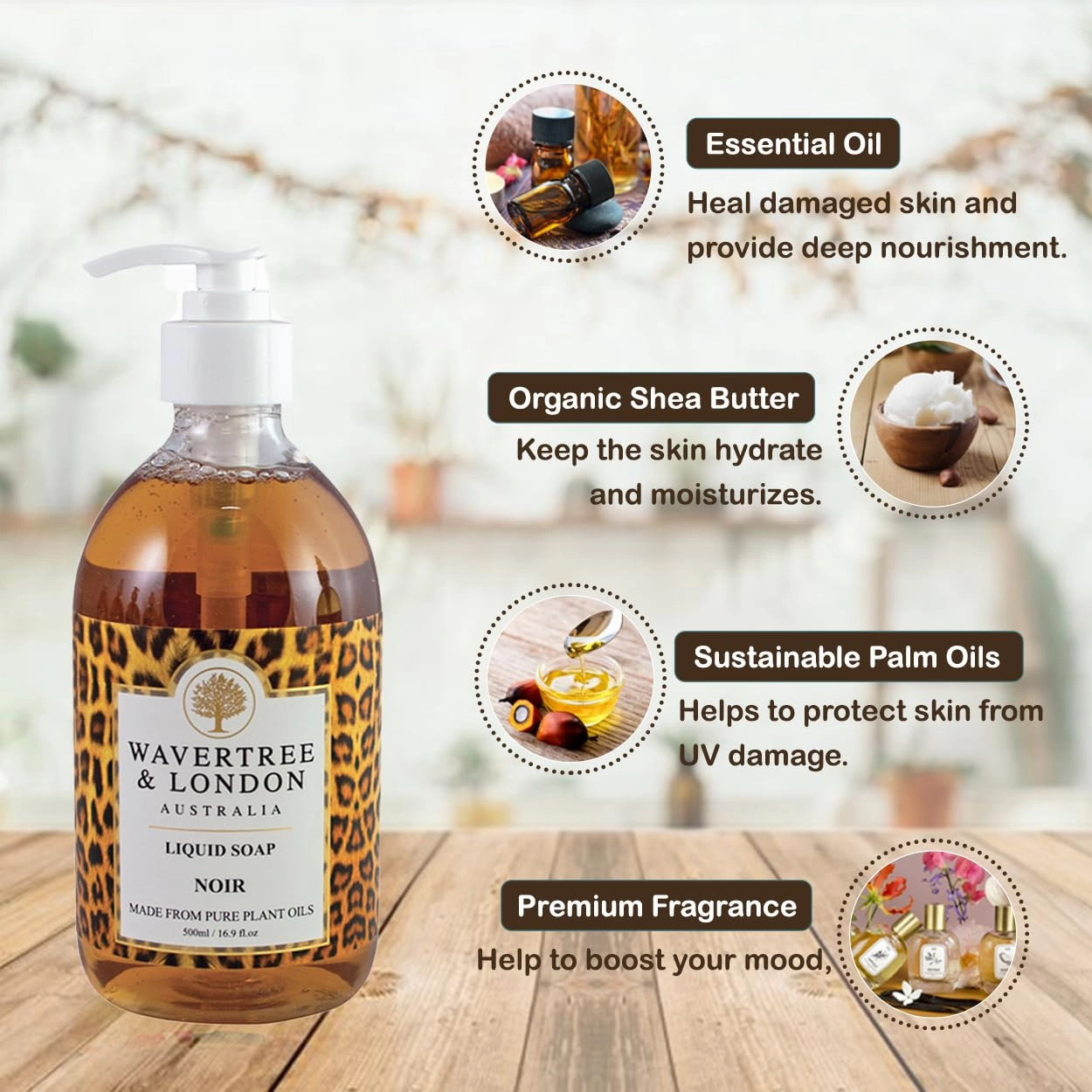 Wavertree & London Natural Liquid Soap Bottle with Dispenser Pump, Noir Scented Liquid Hand Soap for Bathroom, Kitchen - Australia Made Moisturizing Plant Oil Body & Hand Wash Soap