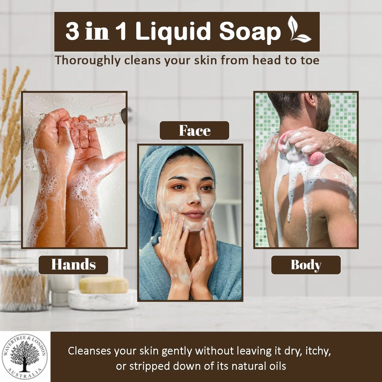 Wavertree & London Natural Liquid Soap Bottle with Dispenser Pump, Noir Scented Liquid Hand Soap for Bathroom, Kitchen - Australia Made Moisturizing Plant Oil Body & Hand Wash Soap