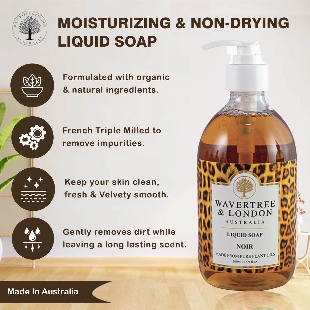 Wavertree & London Natural Liquid Soap Bottle with Dispenser Pump, Noir Scented Liquid Hand Soap for Bathroom, Kitchen - Australia Made Moisturizing Plant Oil Body & Hand Wash Soap