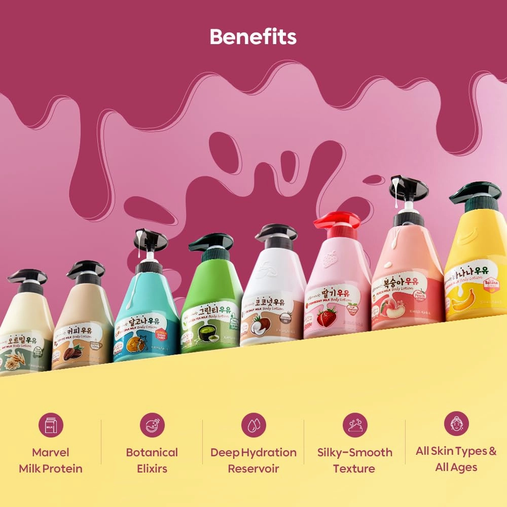 WELCOS Kwailnara Banana Milk Body Lotion & Body Wash Set – Moisturizing & Soothing Korean Skincare Set with Banana Extract, 560g / 19.75oz Each