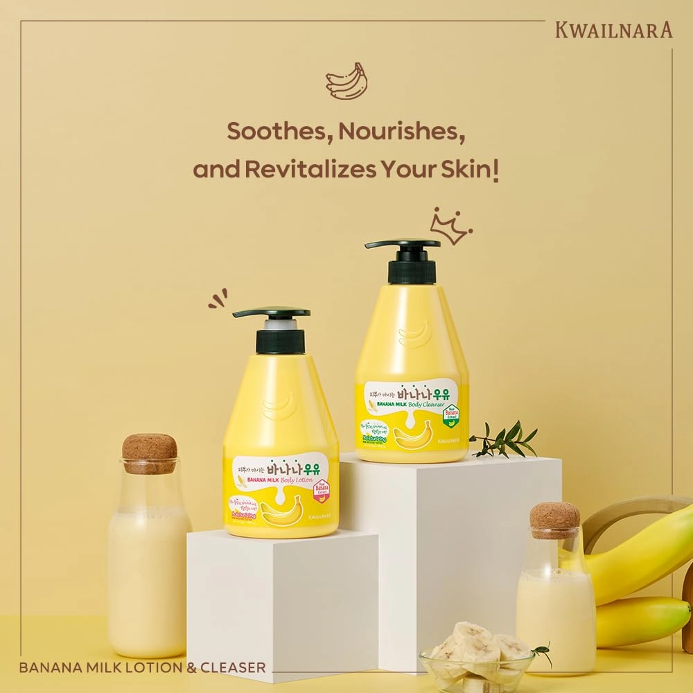 WELCOS Kwailnara Banana Milk Body Lotion & Body Wash Set – Moisturizing & Soothing Korean Skincare Set with Banana Extract, 560g / 19.75oz Each