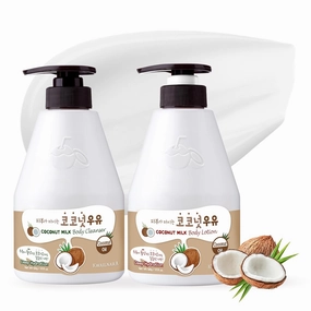 WELCOS Kwailnara Coconut Milk Body Lotion & Body Wash Set – Moisturizing & Revitalizing Korean Skincare Bundle with Coconut Milk Extract, 560g / 19.75oz Each