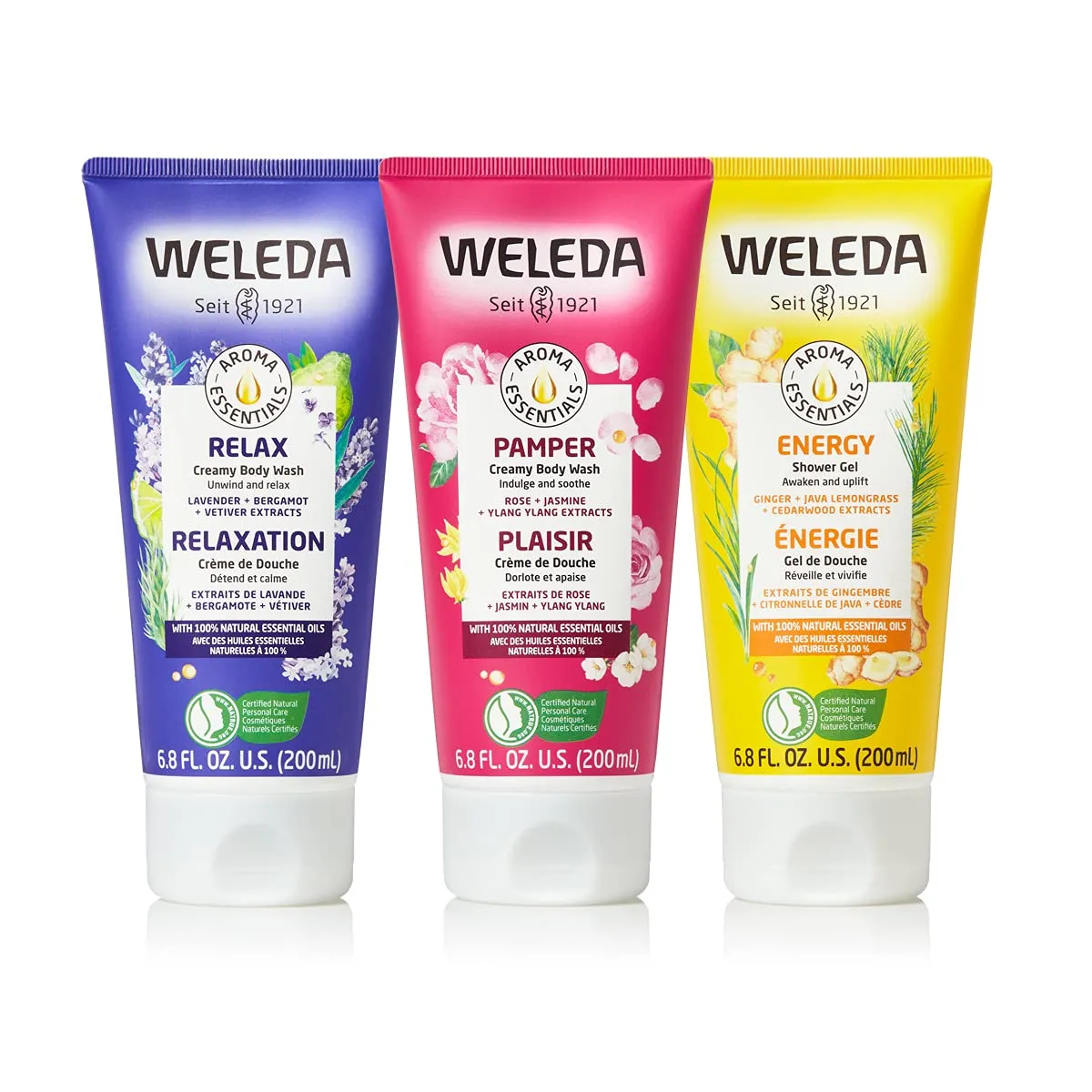 Weleda Aroma Essentials Body Wash Collection, 6.8 Fluid Ounce (Pack of 3), Energy Shower Gel, Pamper and Relax Body Wash, Gentle Plant Rich Cleanser