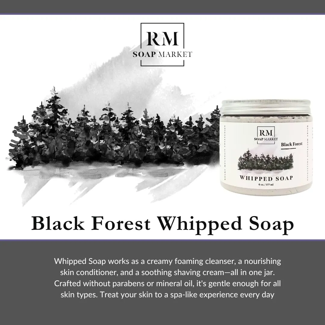 Whipped Soap, Black Forest Fragrance, Foaming Soap, Body Wash & Shaving Cream With Coconut Oil, Body Skin Care for Men, Women & All Skin Types, Warm Amber & Tobacco Flowers Scent, 6 Oz