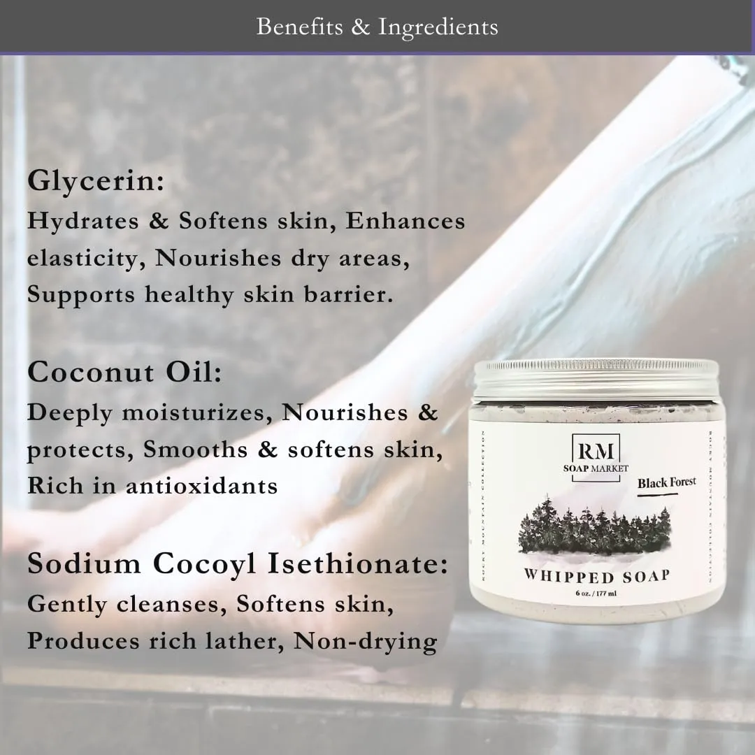 Whipped Soap, Black Forest Fragrance, Foaming Soap, Body Wash & Shaving Cream With Coconut Oil, Body Skin Care for Men, Women & All Skin Types, Warm Amber & Tobacco Flowers Scent, 6 Oz