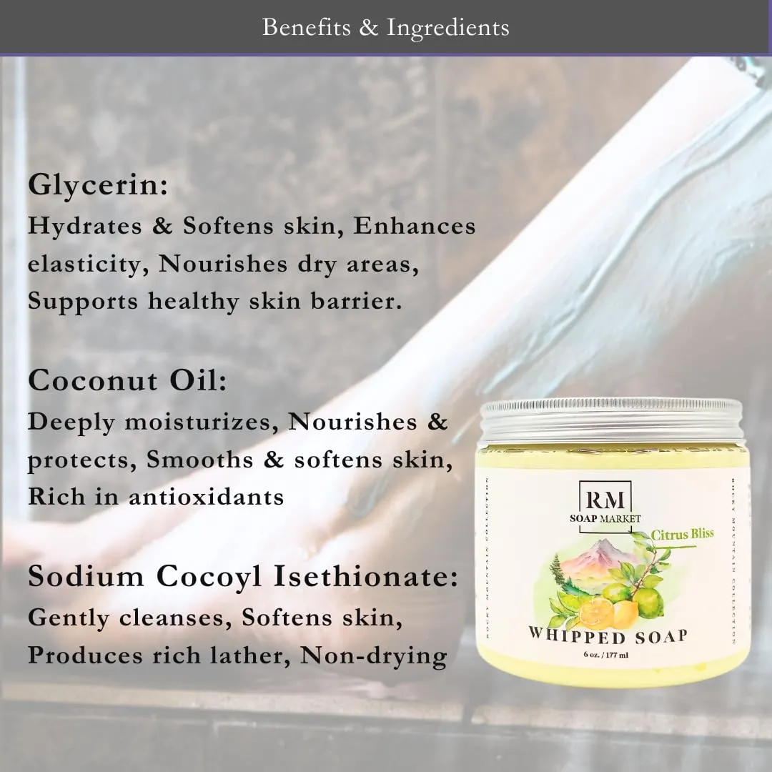 Whipped Soap, Citrus Bliss Fragrance, Foaming Soap, Body Wash & Shaving Cream With Coconut Oil, Body Skin Care for Men, Women & All Skin Types, Zesty Lemon and Tangy Lime, Scent, 6 Oz
