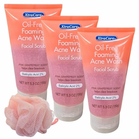 XtraCar.e Oil-Free Foaming Acne Facial Wash, Pink Grapefruit Scent, 2% Salicylic Acid, 5.3 oz, Pack of 3 with Free Loofah