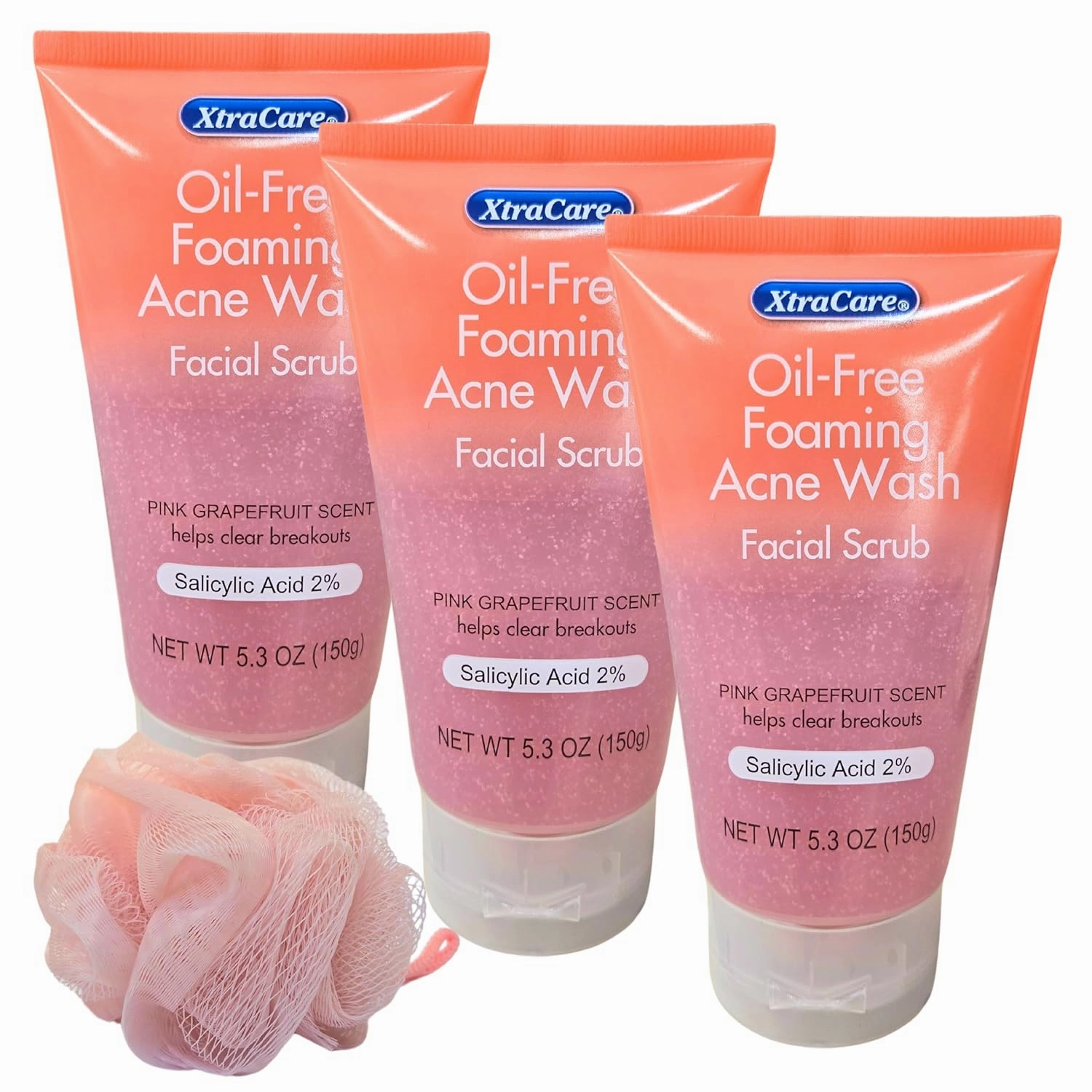 XtraCar.e Oil-Free Foaming Acne Facial Wash, Pink Grapefruit Scent, 2% Salicylic Acid, 5.3 oz, Pack of 3 with Free Loofah