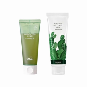 YADAH Green Tea Pure Cleansing Gel, 3.4 Fl Oz & Cactus Soothing Gel (8.45fl oz) pH Balanced Foaming Gel Cleanser Vegan Sunburn Relief Korean Skin Care