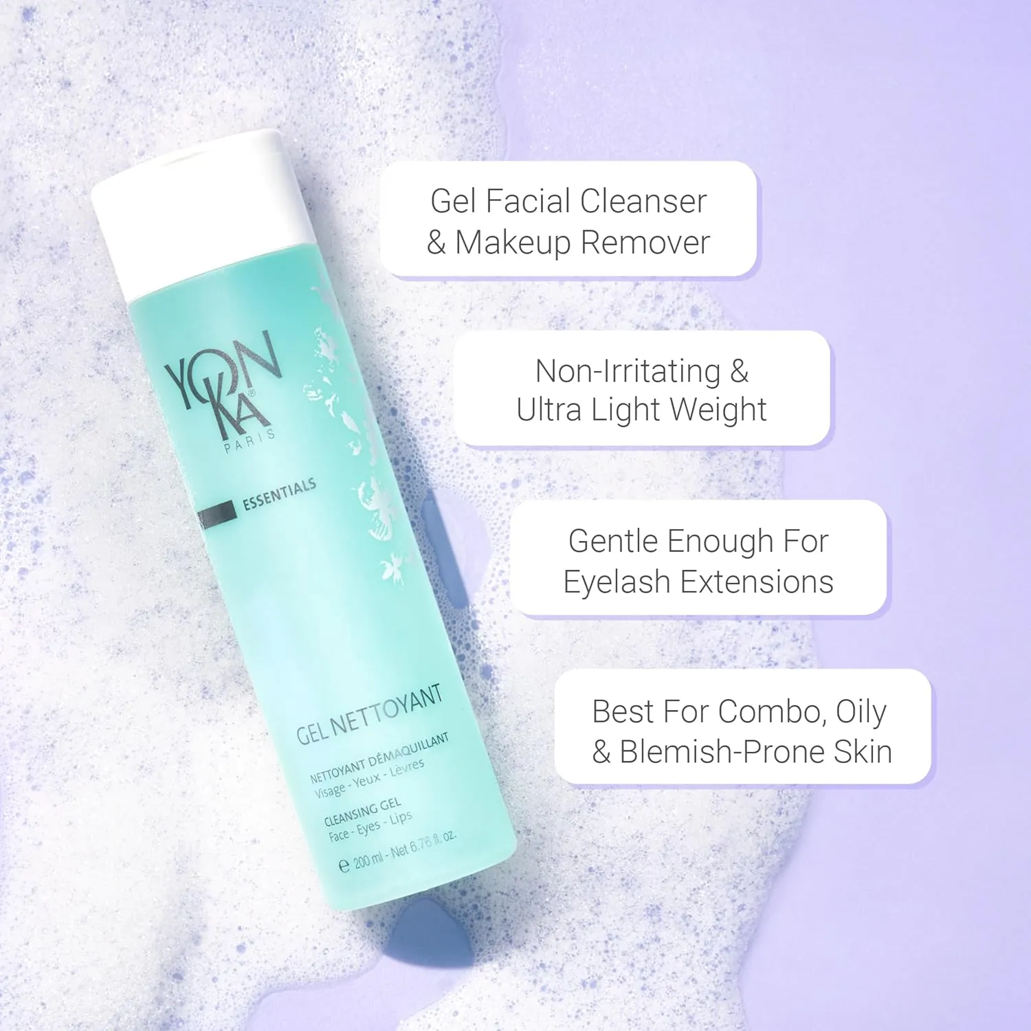 Yonka Gel Face Cleanser, Gentle Foaming Face Wash and Makeup Remover, Natural Plant-Based Formula to Cleanse Pores and Balance Skins pH, Acne Prone and Oily Skin, Paraben-Free, 6.8 Fl Oz