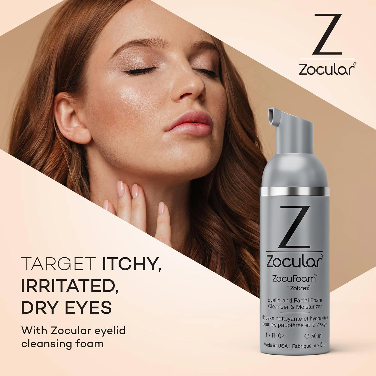 ZocuFoam Eyelid Cleanser - Foaming Eyelid Scrub - Natural pH Balanced Solution - 1.7 FL OZ (50mL)